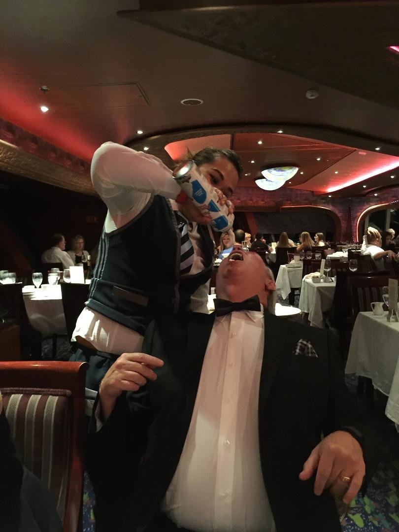 Tom getting the whipped cream dessert