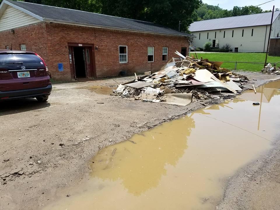 This building was completly submerged. I don't ever want to mud out a building that has a drop ceiling again.