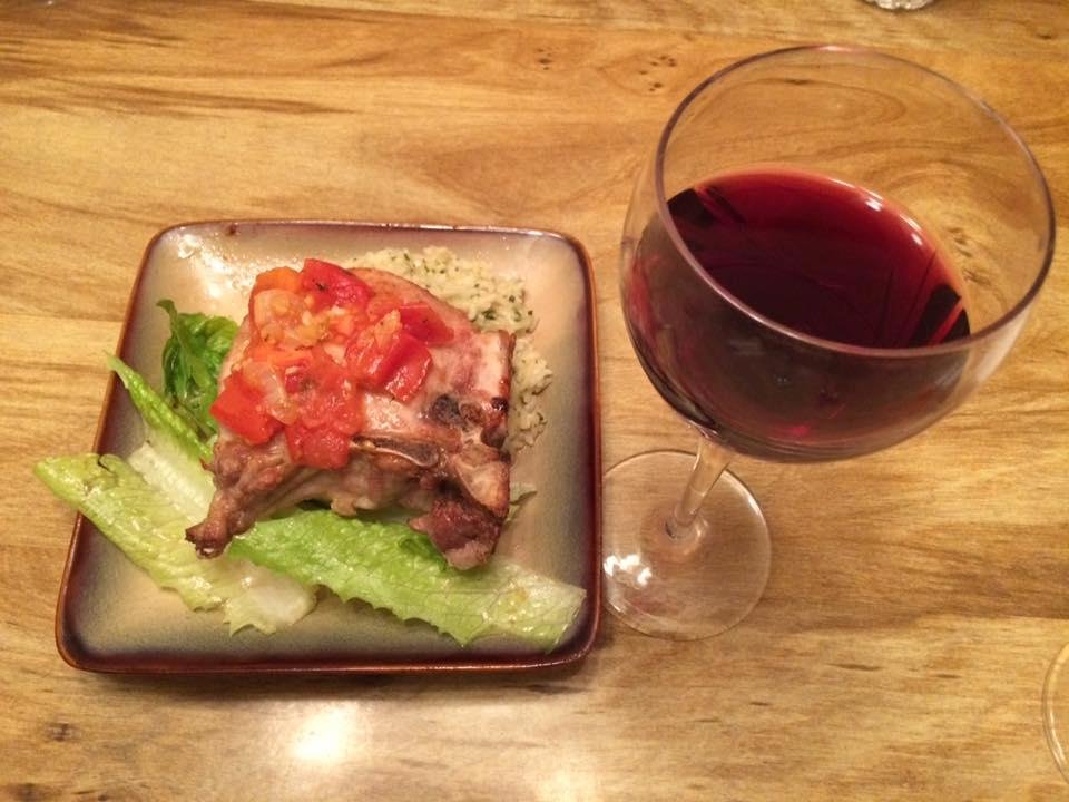 We just enjoyed this beautiful meal prepared by our son Jeff Walsh. Stuffed Italian pork chop with prosciutto and mozzarella, with a tomato chutney on top Truly delicious and one we will try again!!!!