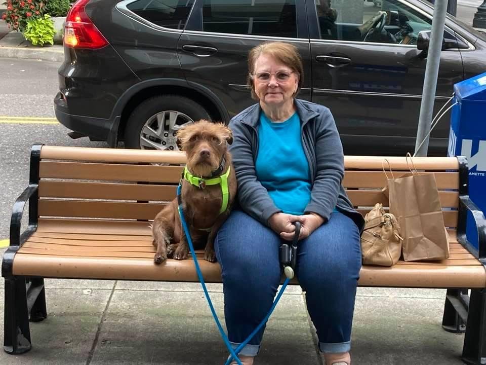 Sitting on a bench in Portland Oregon.