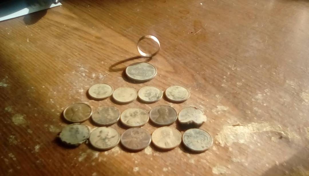 Wife and I on a hunt. i found a ring, 1 qrtr, 4 dimes and 10 pennies.