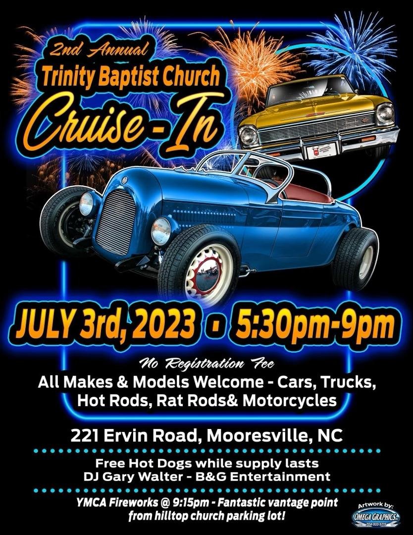 Your invited to Trinty Baptist Church Monday July 3rd for 4th of July car show and YMCA Fireworks💥💥
FREE Hotdogs while they last!!! Bring the family for all the fun!!!