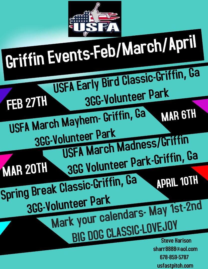 Coaches, We are excited to announce these Spring tournaments at Volunteer Park in Griffin Ga. We look forward to seeing you guys soon. Play in any tournament in Feb or March and have your sanction fees refunded. If you ha