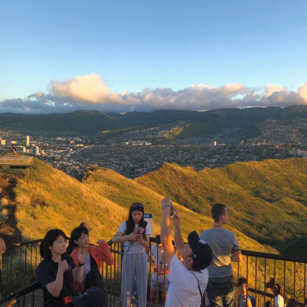 Sunrise hike up Diamond Head Summit Trail with a billion Asian tourists.