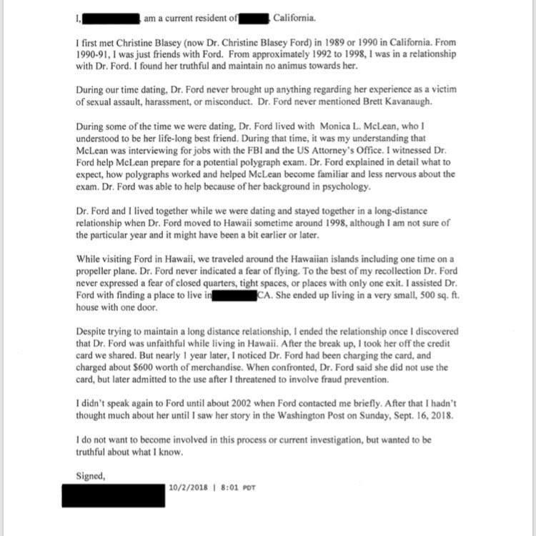 This is a letter from the Ford woman's ex-boyfriend obtained by Shannon Bream of Fox News. Ford's lies continue to be displayed.