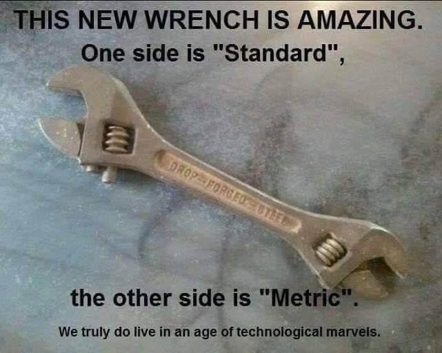 Just found a new wrench! Will work great on cars that have a mix of metric and standard bolts and nuts!
