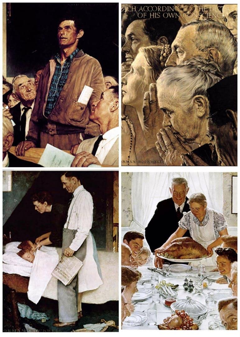 Norman Rockwell was (and still is) right when he painted these images in 1943 inspired by the visionary speech of Franklin Roosevelt. We all should hold on to our Freedom Of Speech, our Freedom Of Worship, our Freedom From 