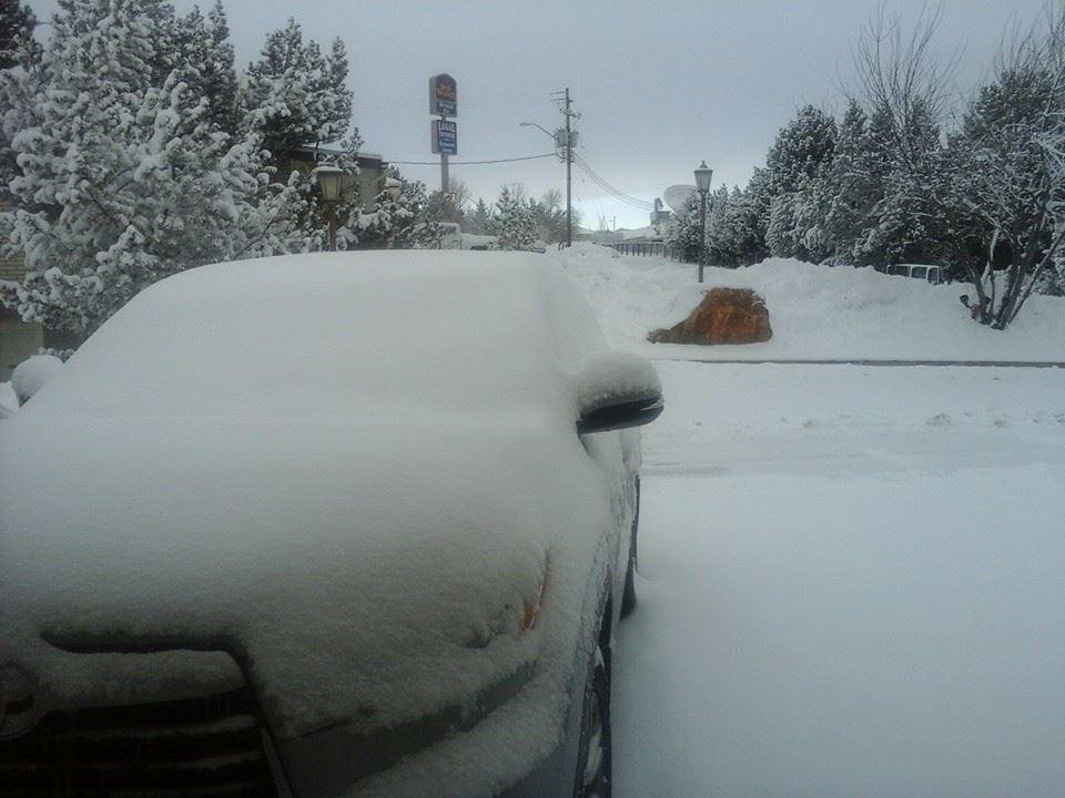 A picture of our car this a.m.!!  We are in Evanston, WY, heading to St. George, Utah, today - we hope!