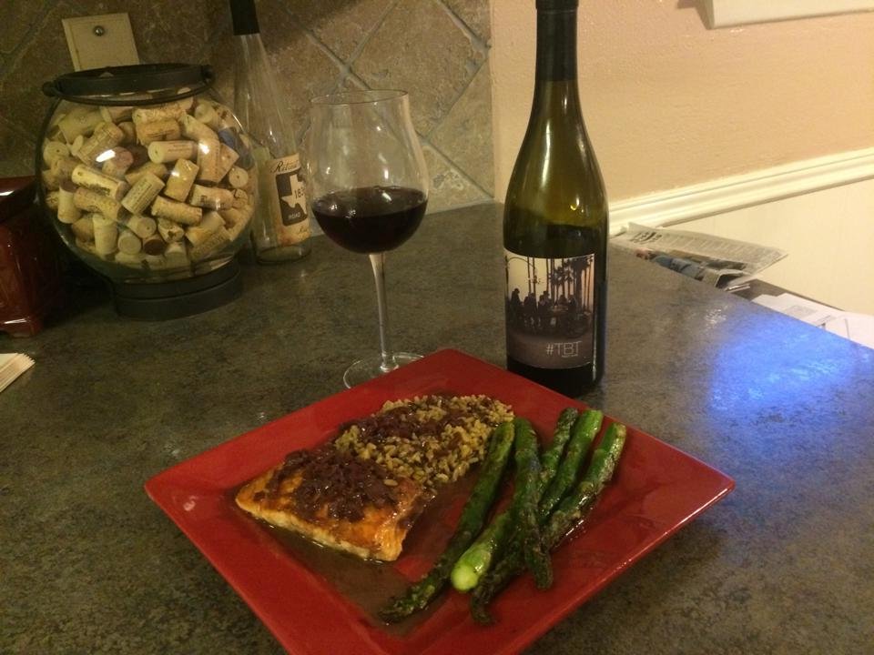 Nice dish! We had the Pan-Seared Salmon with Balsamic Red Wine Sauce paired with the 2011 TBT Pinot Noir. Side dishes included long grain brown rice and grilled asparagus. Excellent meal!