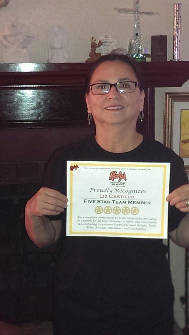 Liz was Finally Recognized for all of her Hard Work @ Rudy's " Country Store" & Bar-b-q. She received Five-Star Team Member for the Month of June. She received a Certificate of Recognition, $100.00, a Pin & a Five-Star T-Sh