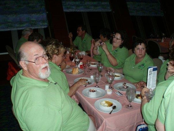 The group at one of our many dinners on the Conquest