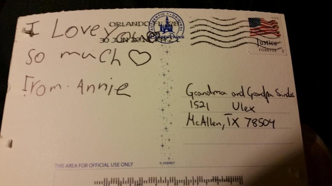Who says snail-mail is dead? Vacation postcard from our youngest granddaughter.