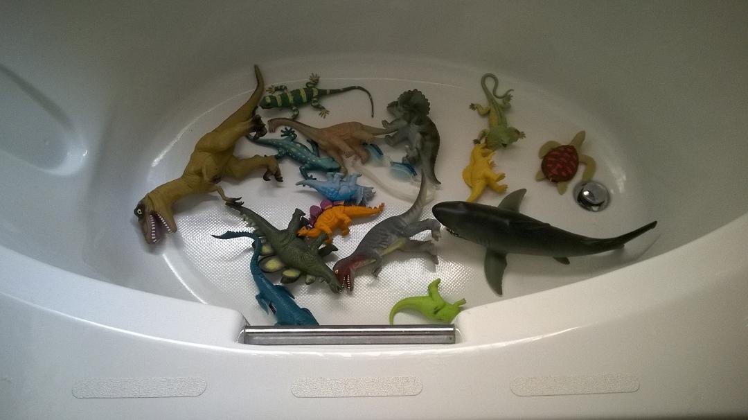 This is what our bathtub looks like when our 5 year old grandson comes to sleep over. Ask him any questions about dinosaurs and sharks and you're going to get quite an educational lecture.