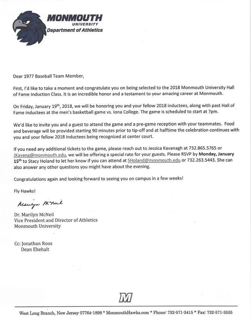 Honored and Humbled to receive a letter from my Beloved Alma Mater, Monmouth University informing me that I, along with my Very Talented and Deserving Teammates and Coaches, have been inducted into The MU Hall of Fame. It i
