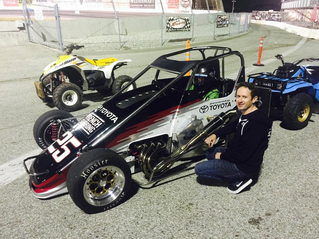 Thursday night testing at Irwindale Speedway. Courtney with her 2 time USAC western states car owner Jerome Rodela.