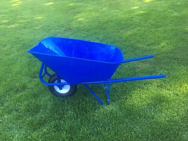 Restored Wheelbarrow. Like most things on wheels, this wheelbarrow has a story. It was left for dead 35 years ago on a home construction site in Antioch, CA. One of the front wheel mounts had been broken off probably fro