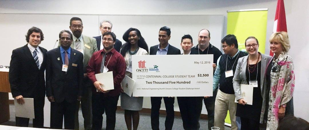 The Winners of National Engineering Month Student Challenge, the Centennial College Student with their $2500.00 Cheque.
This second win in 2 years. Congraulation