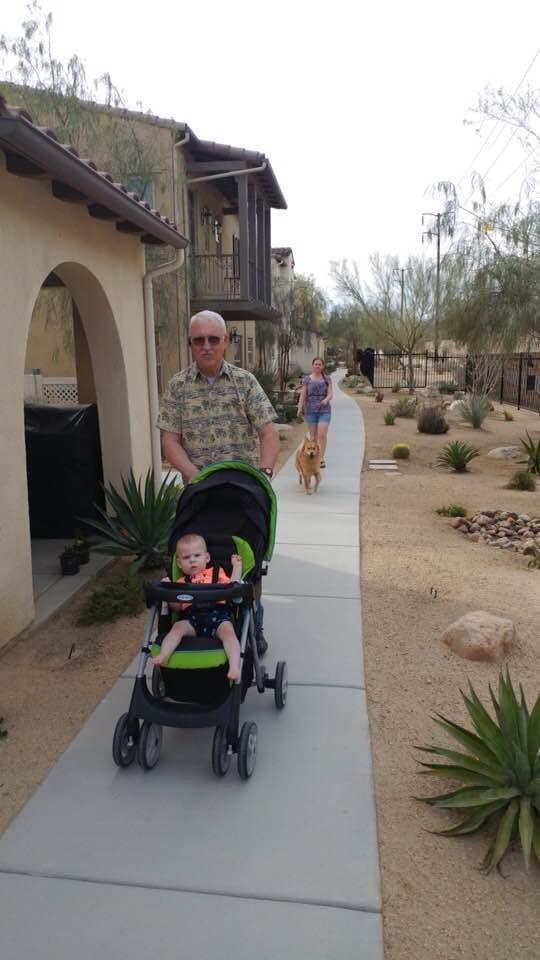 Walking with my grandson Nolan - Stacie with the Dog "Wicket" - Cathie is taking the picture in Palm Desert today.