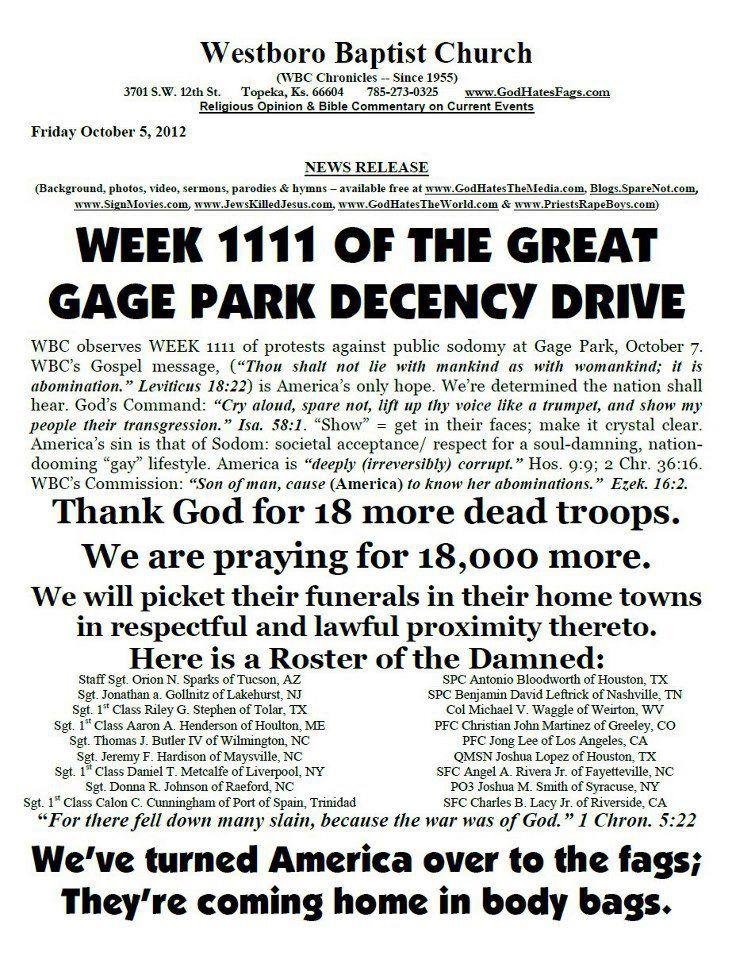 Westbro Baptist Church rejoices over the death of 18 troops and prays for 18,000 more deaths...wtf?