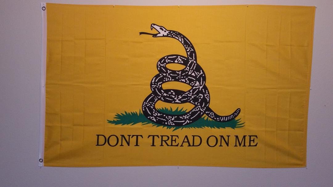 US Navy's battle slogan. The original battle ensign , had a background of red and white stripes with a rattlesnake on it with this slogan across the bottom.