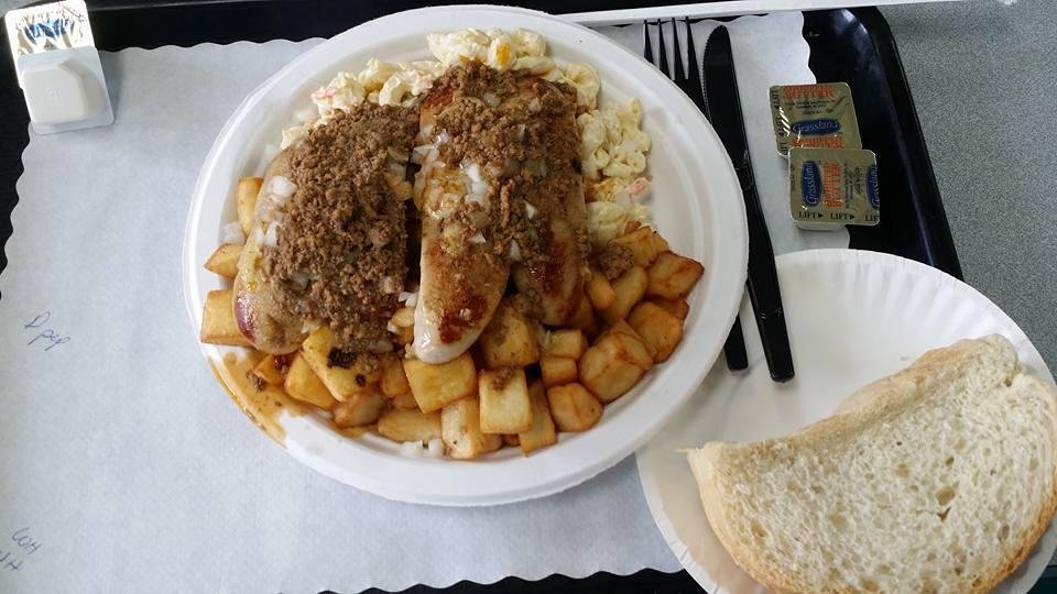 Mm mm mm mm a garbage plate at Nick Tahou's with Mary Santoro Altaner, Christopher Santoro, and Joey Altaner
