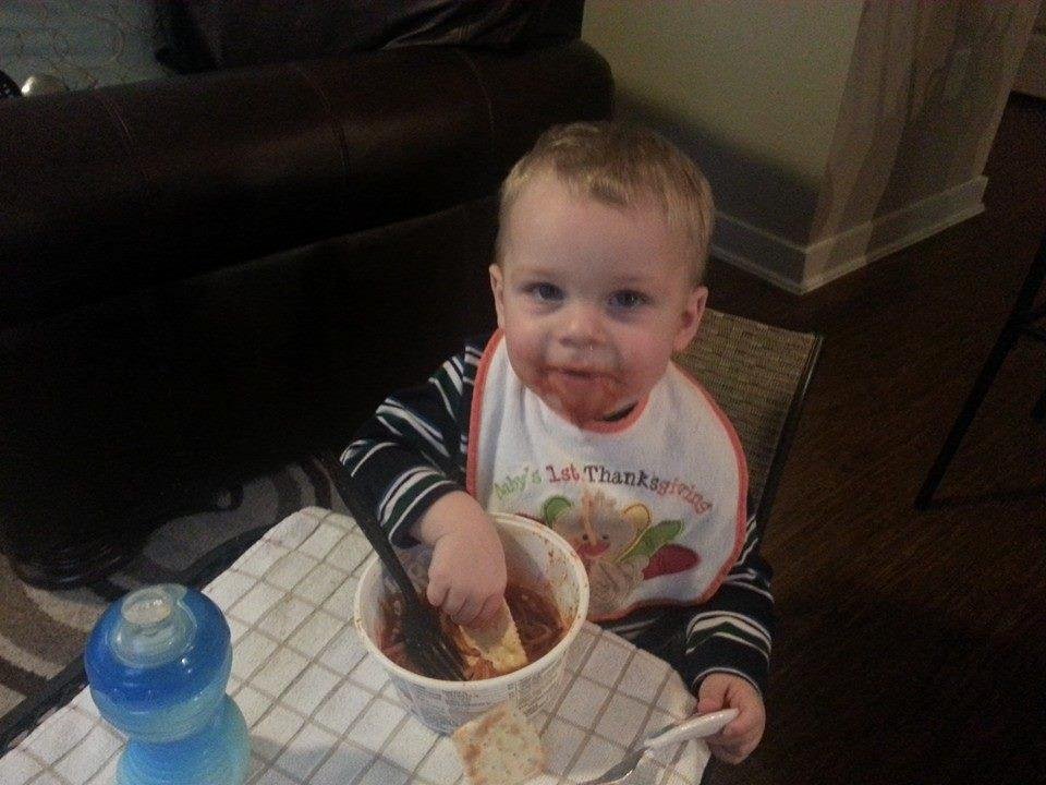 My great grandchild loves his spaghetti.