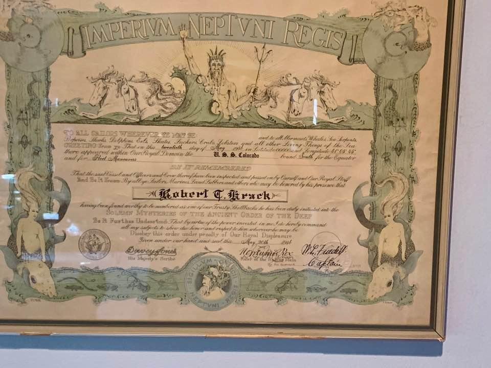 The Placket my Father in Law received when he crossed the Equator on the USS Colorado BB-45 in the Year 1936
