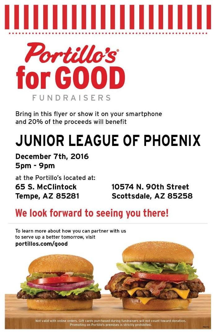 Portillo's Give Back Event Today!
Join the JLP by eating at select Portillo's Today, Dec. 7 from 5 - 9 p.m. Bring in this flyer or show it on your smart phone and 20% of the proceeds will go to the JLP!
The Junior League o