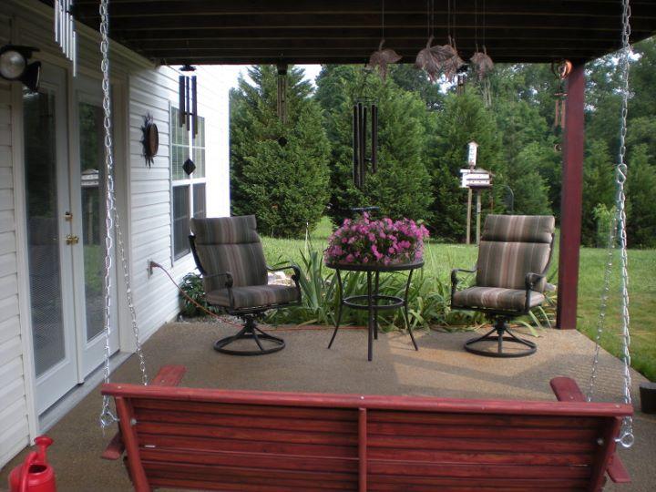 The swing I made with left over deck boards. 13 wind chimes and 30 bird houses.