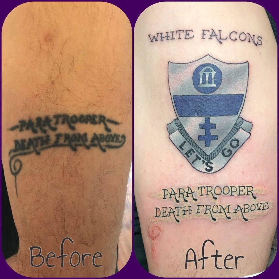 It's still a work in Progress got the one in 82 at the tattoo place next to ricks ..It was getting hard to read and added the Crest and white falcons .. still needs more flesh coloring if you have any ideas let me know
An