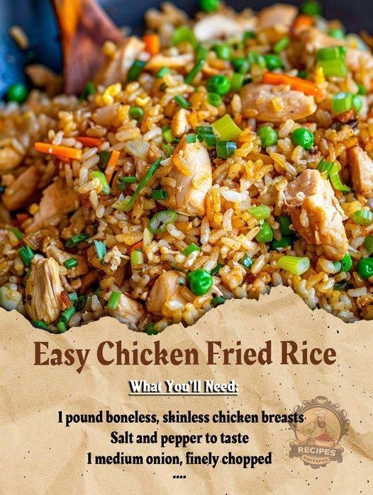 Easy Chicken Fried Rice
Ingredients:
2 tablespoons vegetable oil
2 large eggs, beaten
1 pound boneless, skinless chicken breasts, cut into bite-sized pieces
Salt and pepper to taste
1 medium onion, finely chopped
2 cloves g