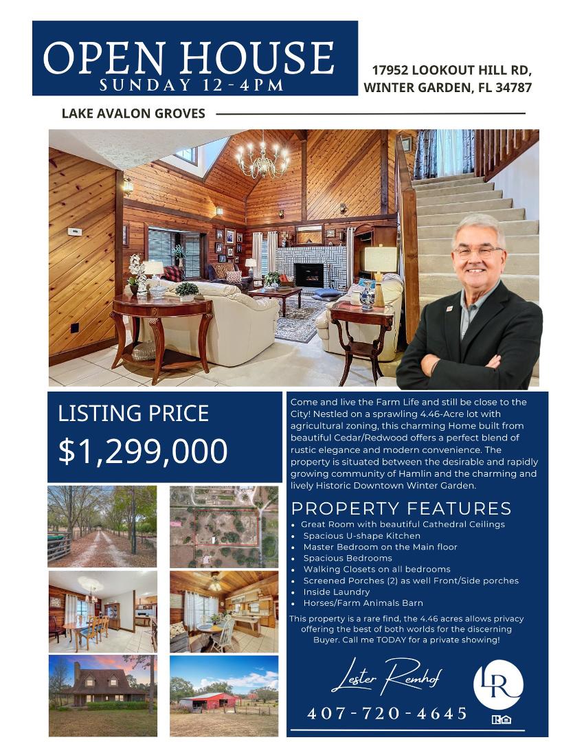 🏡 Open House! Come see this charming home with a livestock barn on 4.46 acres in Winter Garden! ✨ Sunday, February 12th, from 12pm-4pm. Stop by and explore! #WinterGarden #OpenHouse #DreamHome
