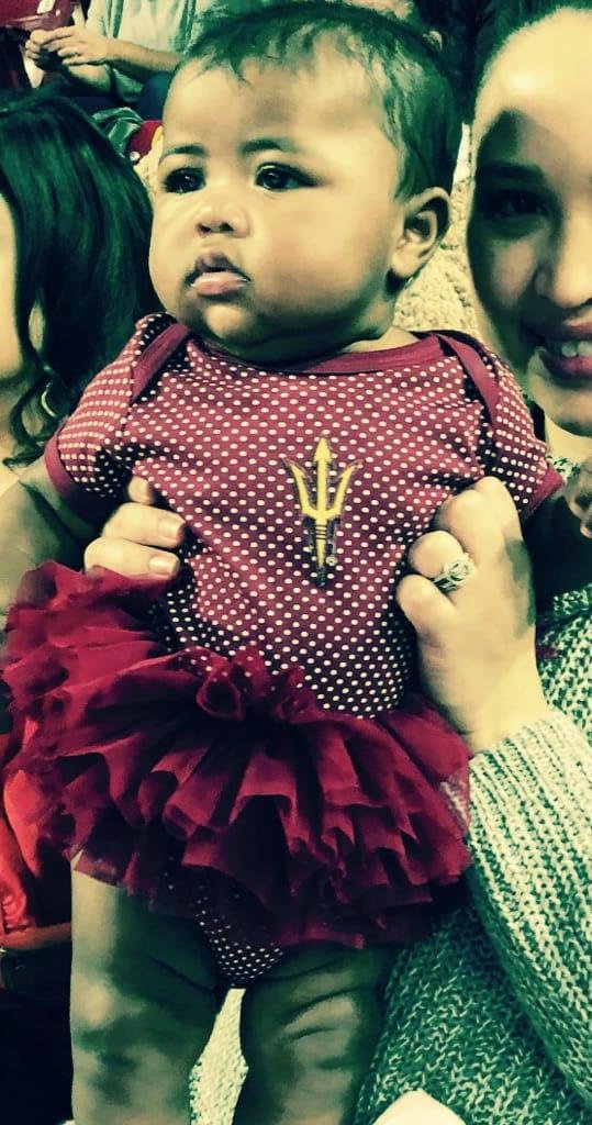 Mila Stith is 4.5 months old. She was a champ today at the 2 hour ASU Wrestling match. So well behaved! She is absolutely adorable in her ASU Tutu. Brian Stith Jennika Stith
