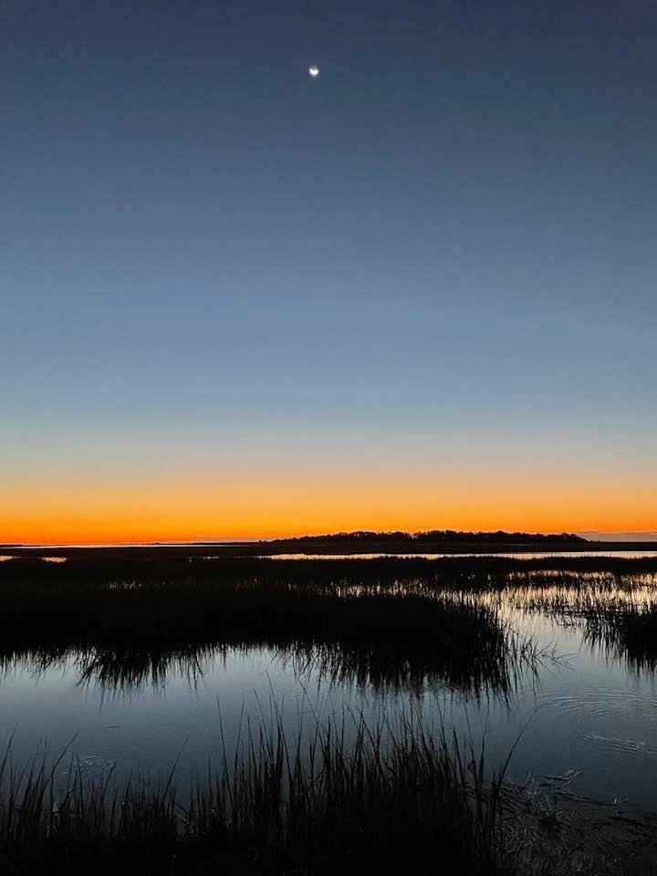 Monday Dawn on our Allston Creeks ... Look up y'all for our Crescent Moon over front campus at Murrells Inlet University where Eagles Soar for whittemorehistorical.org