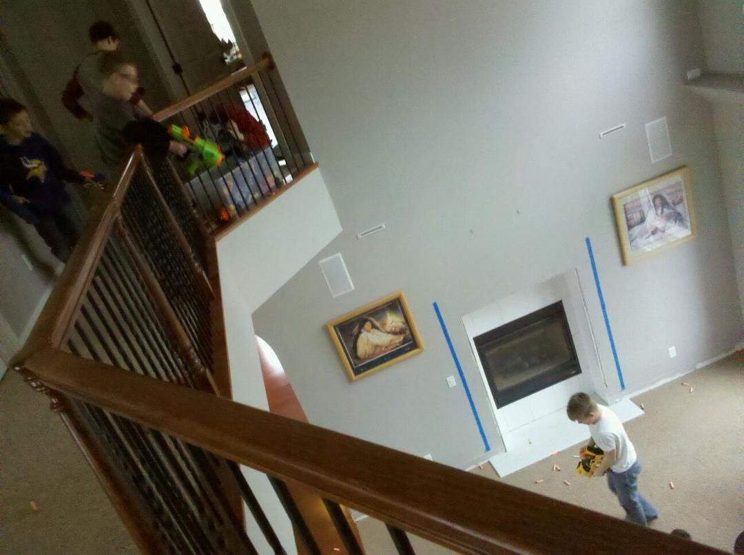 Boys sectional nerf gun party. 8 boys + a balcony = lots of fun. Good luck at state boys!