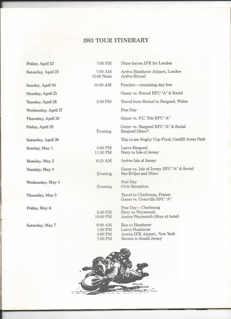 1983 South Jersey Rugby Tour to Europe.(Part 2) This was the proposed itinerary when we left from JFK to London on Friday 4/22/1983. It changed as you would expect.