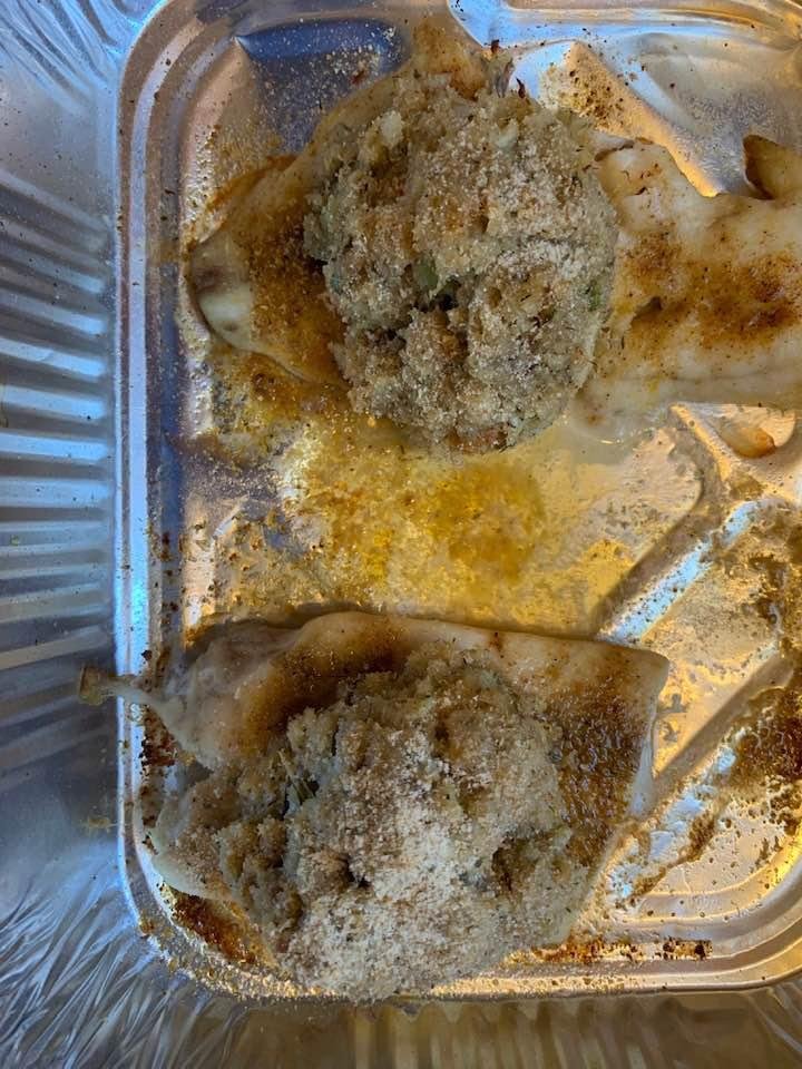 Redfish topped with crabmeat dressing.