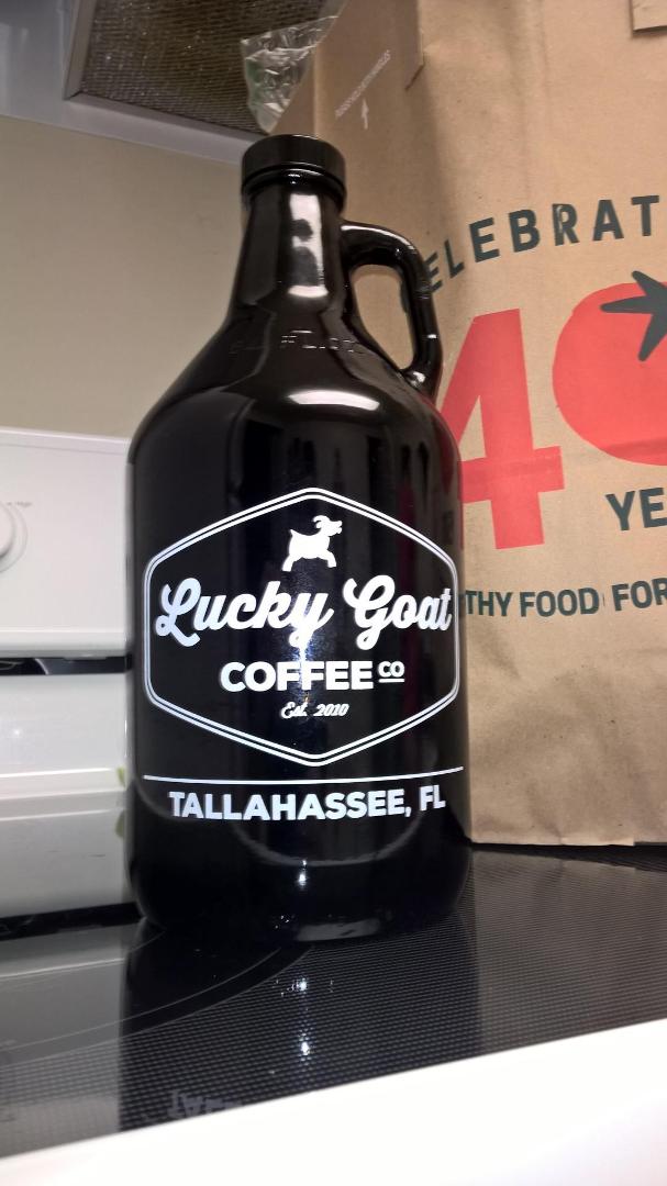 One growler full of cold brewed Goat Tracks Coffee from Lucky Goat Coffee. AKA coffee orgasm! #BowToTheGoat #LuckyGoatCoffee