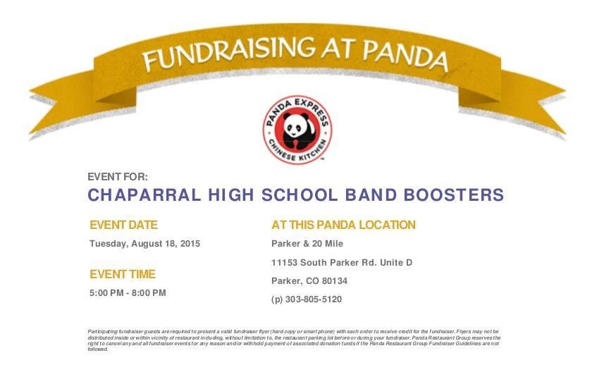 Parker Friends!! Please help support the Chaparral Marching Band at Panda Express tonight (near the Home Depot and Walmart). Simply go between 5pm and 8pm and show the cashier this flyer on your smartphone. The band will