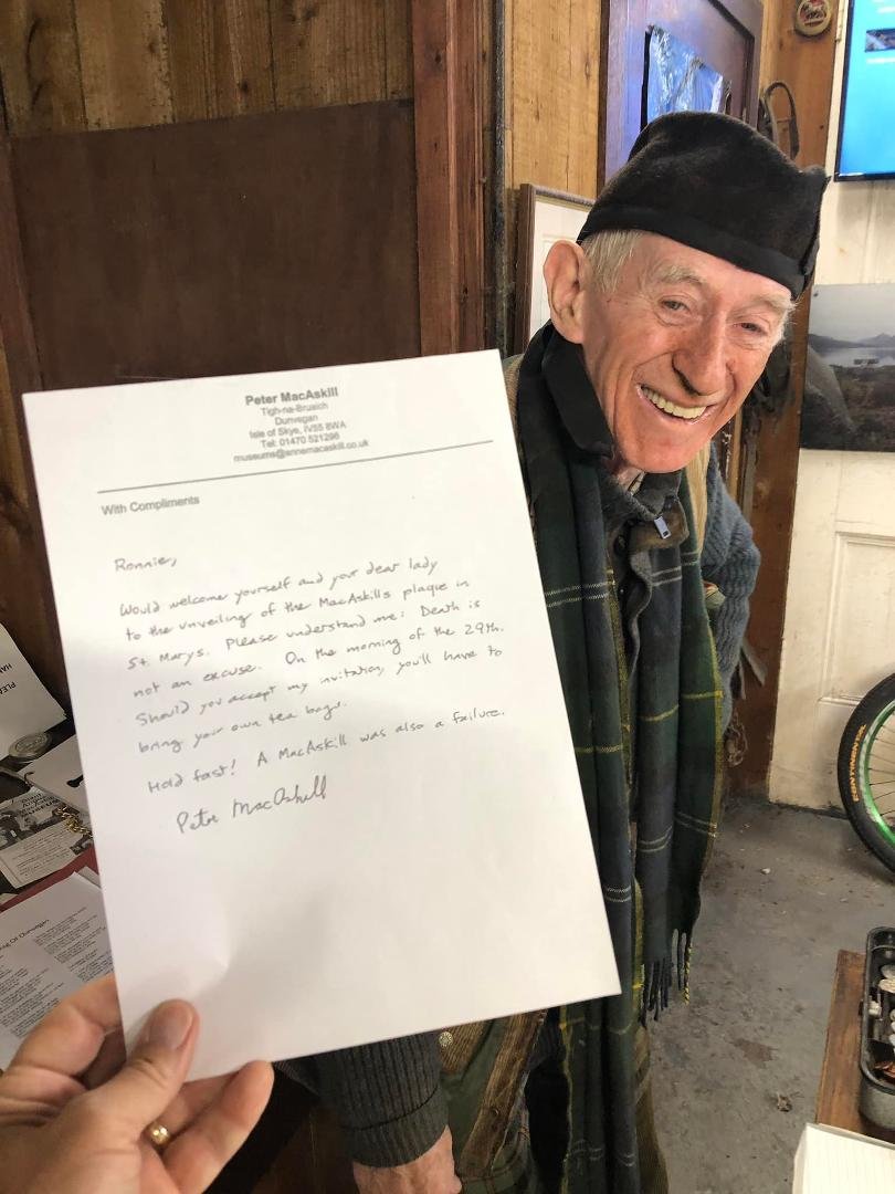 This is an invitation letter I dictated at the request of this old gentleman who owns the “Giant Angus MacAskill Museum” on the Isle of Skye. He asked to dictate to me because his hands are too weak to write. I even forged