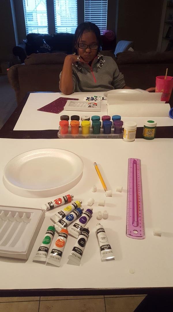 Ok facebook friends and family Rhyan and I are have another paint off. 
    Our paintings are about how we feel today. We would like you all to judge them when we are done thank you