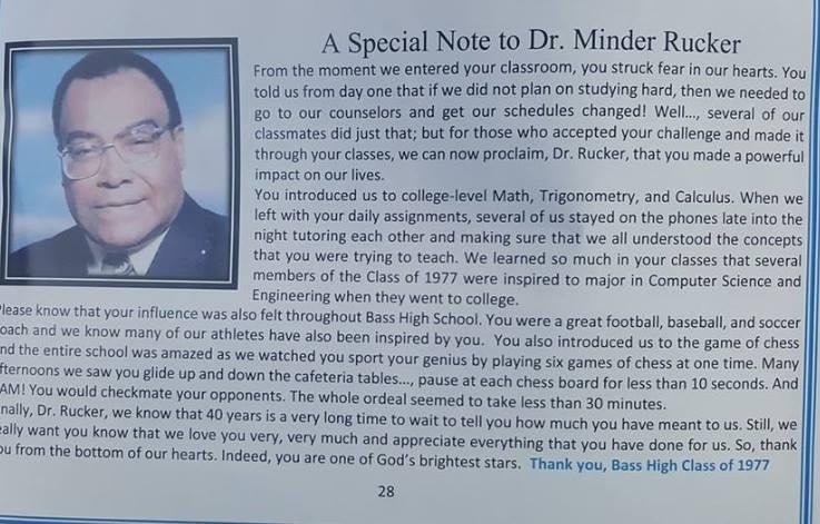 To the Great Bass High 1977 Staff and Students. I missed your great reunion because, my family from all over the south gave me a 70th birthday party on Saturday evening November 4th. I can assure you that I will make the