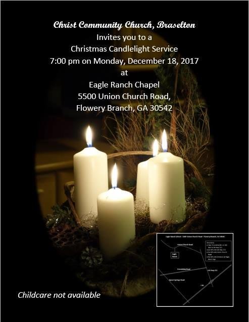 I want to invite all of my friends that see this to our Community Candlelight Christmas service next Monday night. This is for a new church plant that I am honored to be a part in starting in Braselton. Hope to see everyo