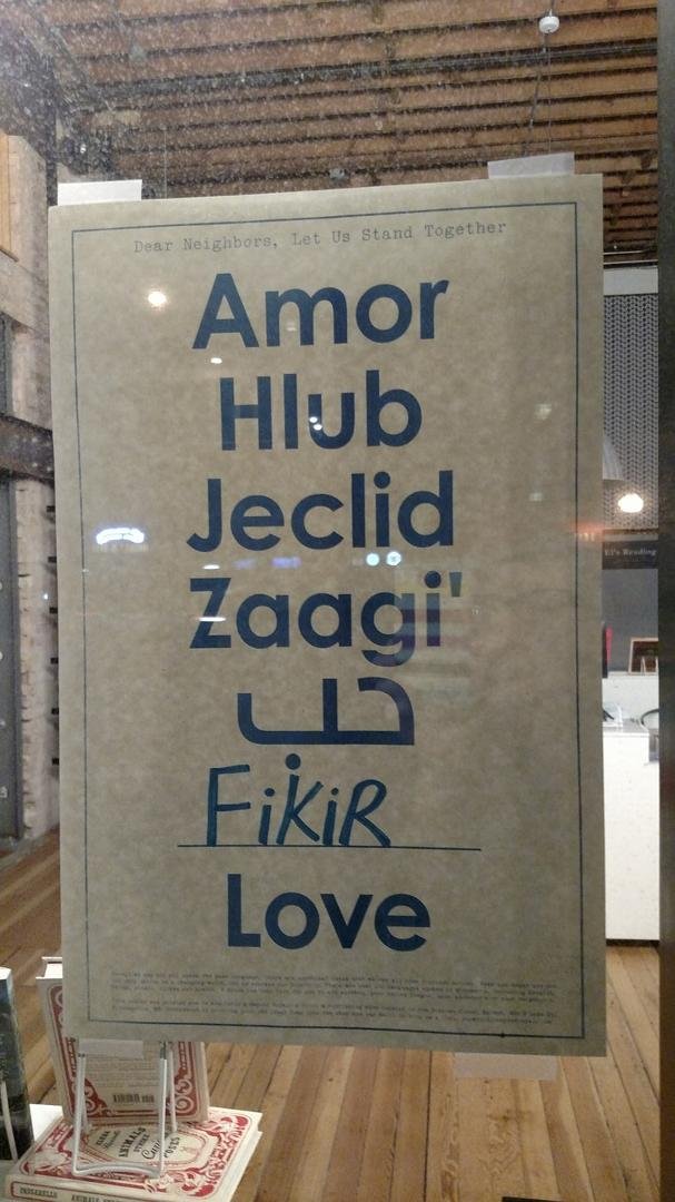 A sign in the window of a Minnesota book store.