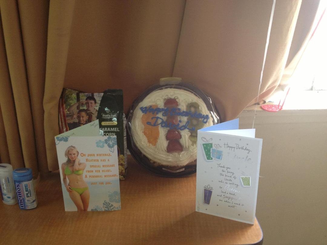 David's cake with Karen and Mike and Jason's card. Karen - David made a "wooo hoo" look when he opened your card! LOL