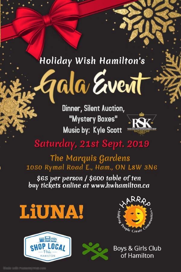 Hi Folks,  We are down to the countdown to our big event!  The Holiday Wish Hamilton Gala, Sept. 21st at the Marquis Gardens.  Hurry and get your tickets!!