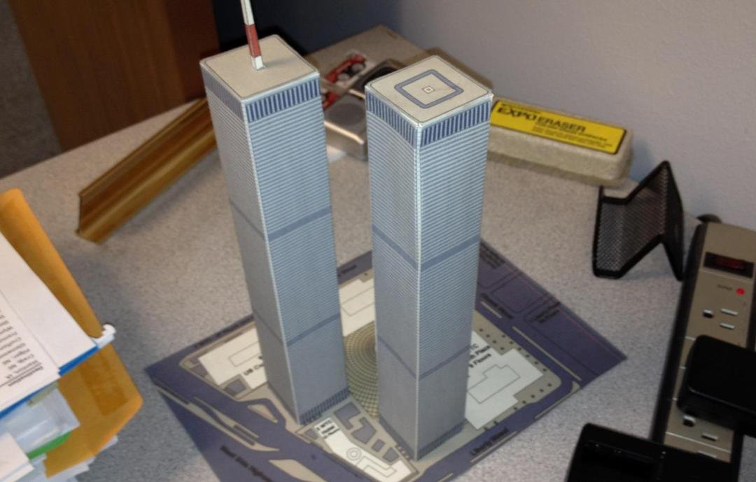 11 years ago after the hoot one events of Sept. 11th, I decided to make this paper model of the WTC. It has been displayed in my office ever since. It is my own personal remembrance of that event.