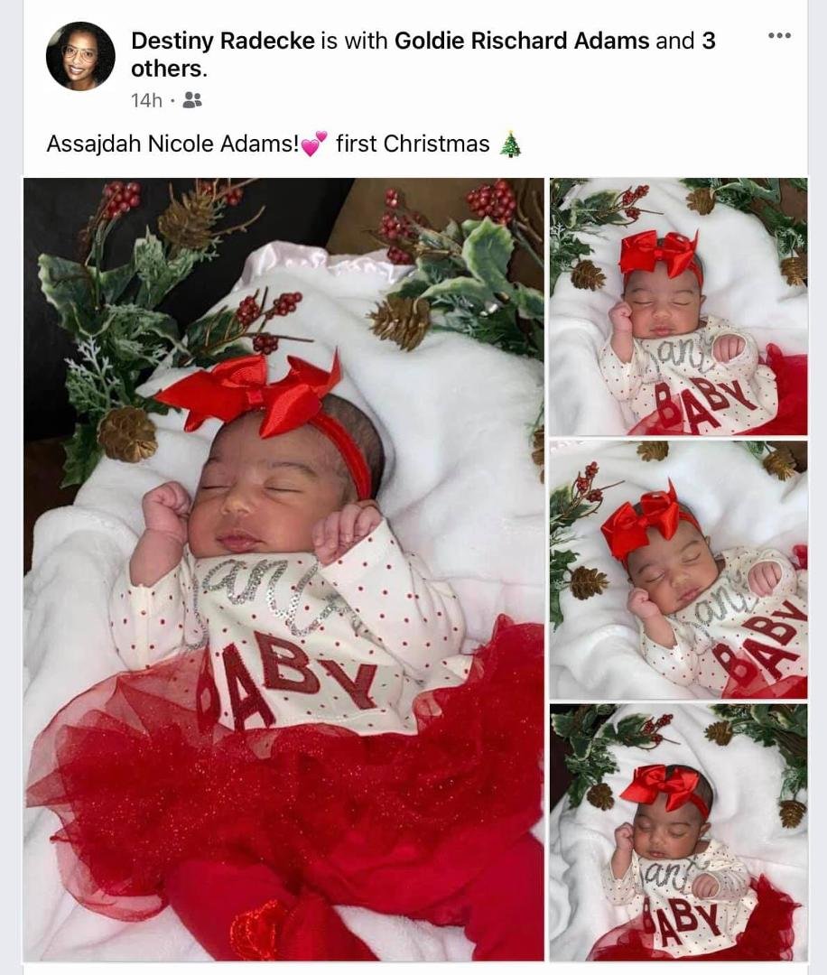 Tami and I are proud to announce that we are now great-grandparents! Merry first Christmas to Assajdah and love and blessings to her parents, Destiny Radecke and Brandon Adams.