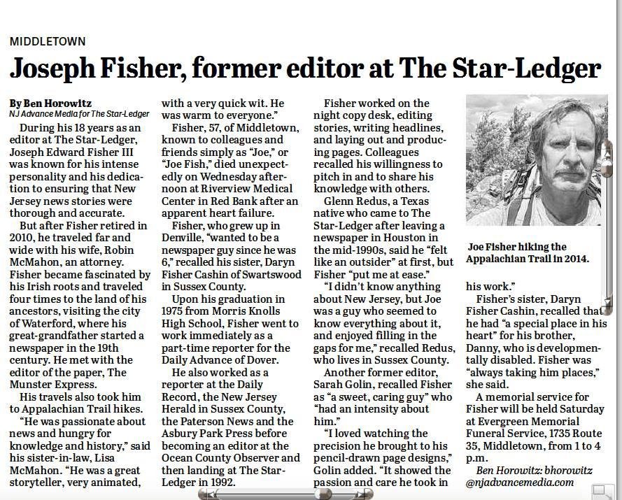 My feature obituary of my friend and former colleague Joe Fisher is in the print Star-Ledger today, on Page 11. Here's what it looks like: