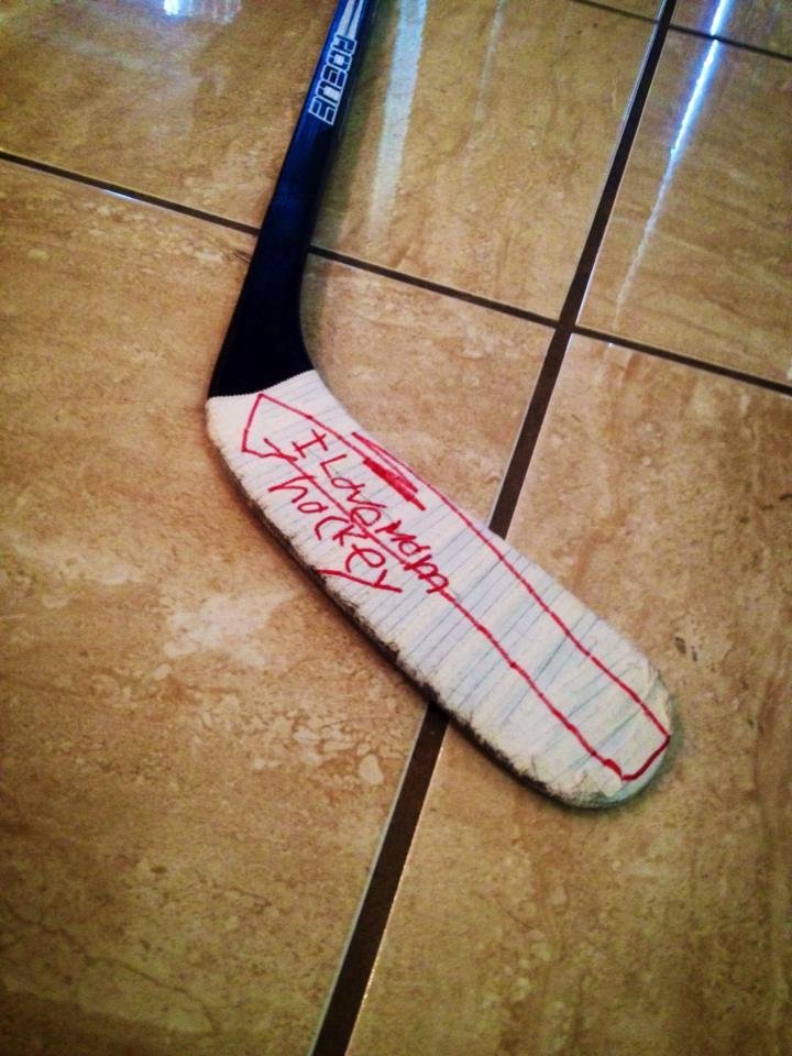 Dereks new street hockey stick.. His 2 favorite things.. Mom and Hockey :-)